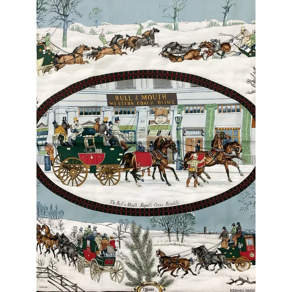 Hermes Scarf Women’s One Size Big Square Coach &Horses &Winer Motif Red &Colors - Picture 4 of 6